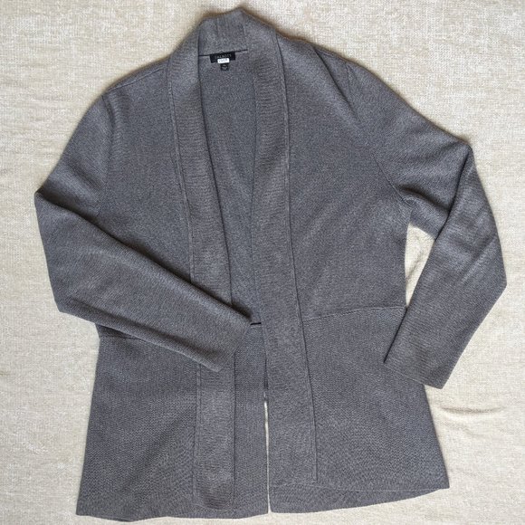 Talbots Open‎ Front Gray Cardigan Cotton Knit Sweater Split Back - Medium Petite - Picture 1 of 7